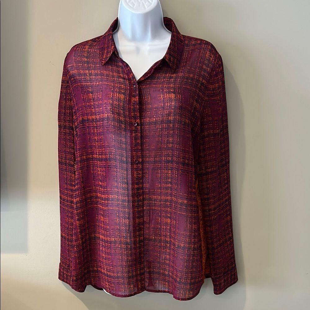 Hinge Women's Purple & Orange Plaid Sheer Long Sleeves Button Down Top Large